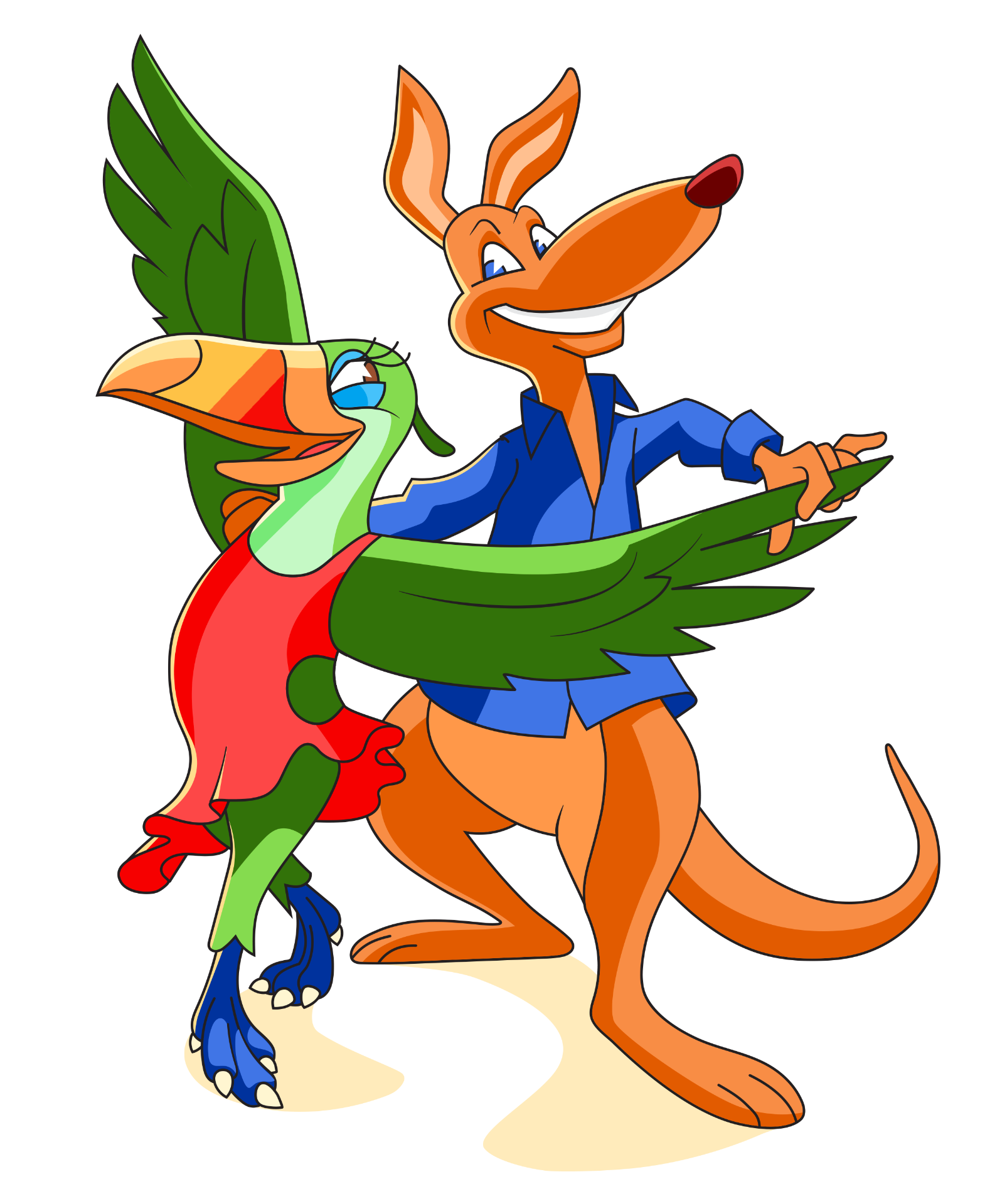 Tucan and kangaroo mascots dancing salsa